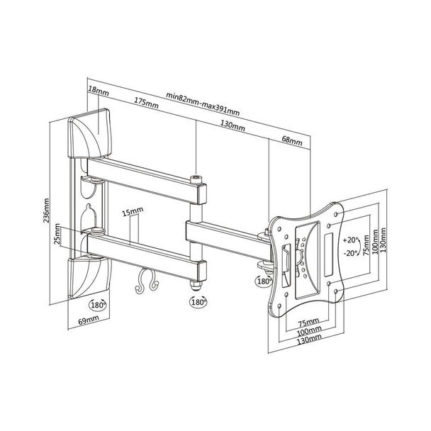 Technical line drawing of Brateck 14''-42'' full motion double arm TV bracket with dimensions and rotation angles.