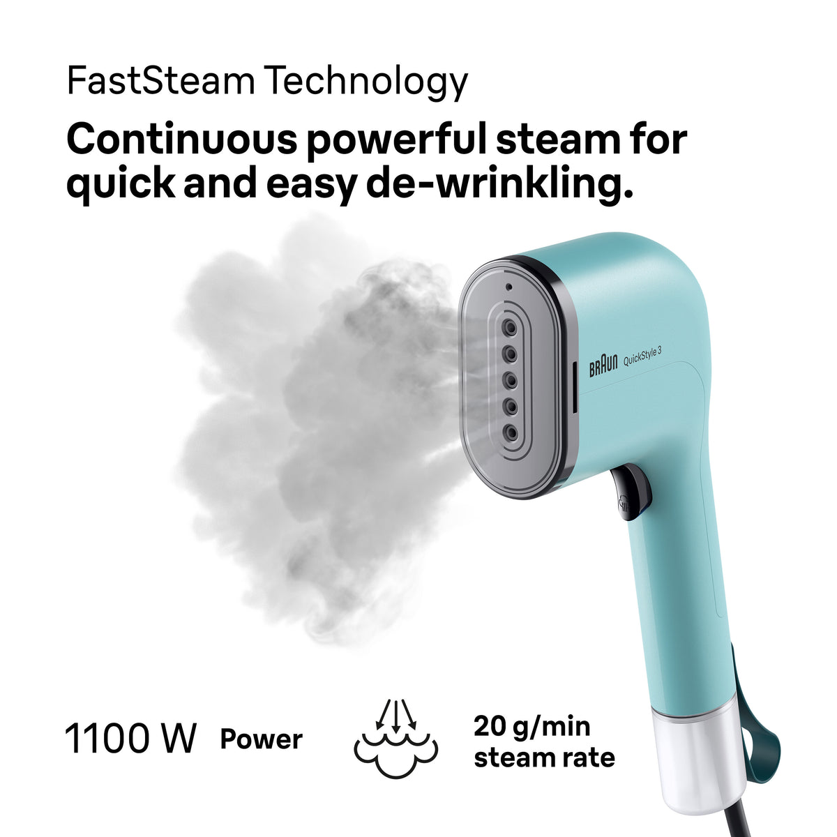 Braun Travel Garment Steamer GS3013GR in blue with steam emitting from the nozzle.
