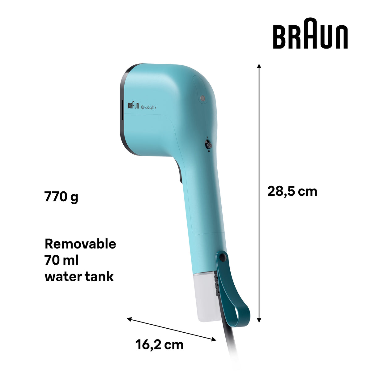 Braun Travel Garment Steamer GS3013GR in blue with removable water tank and power button visible