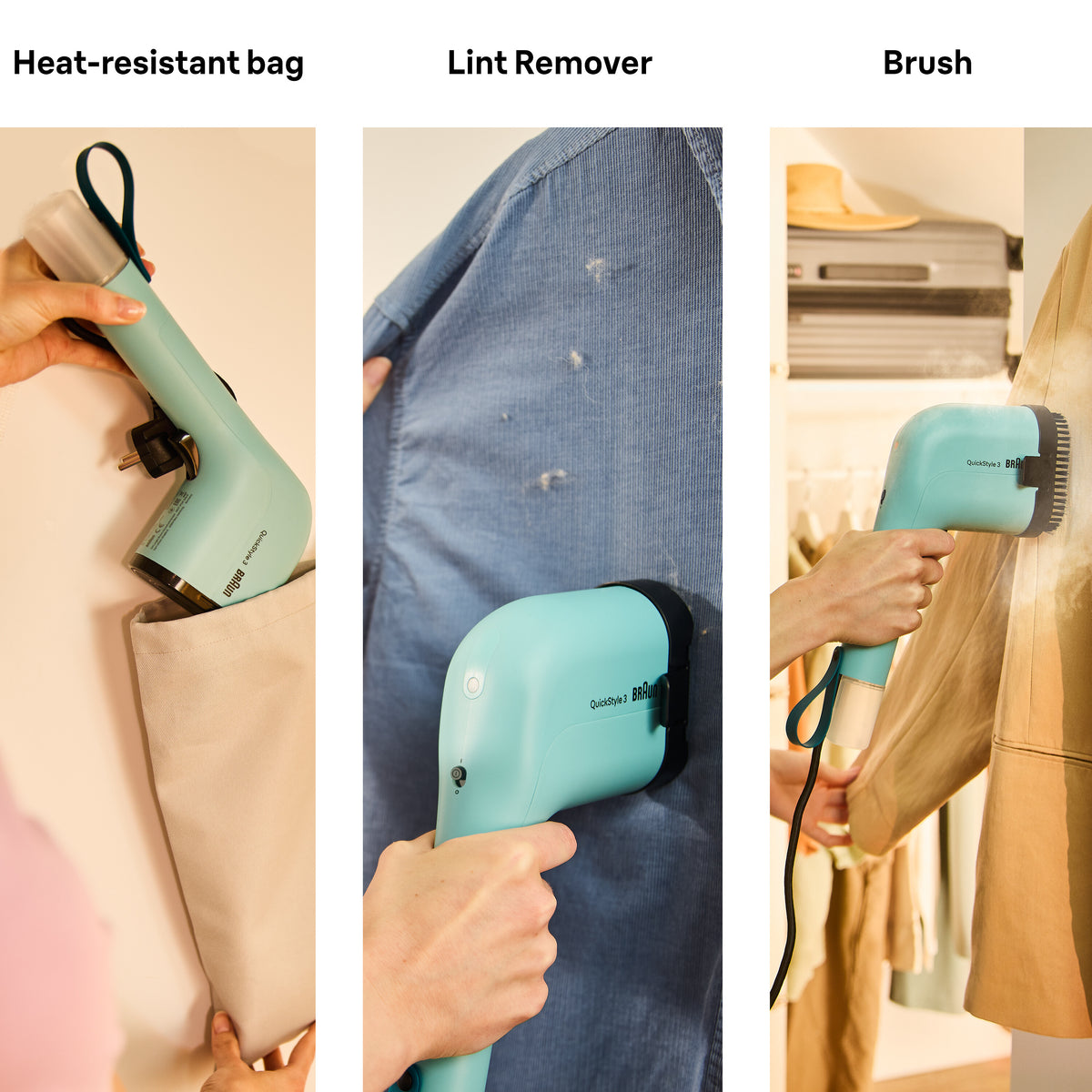 Braun Travel Garment Steamer in mint green shown with heat-resistant bag, lint remover, and brush attachments in use.