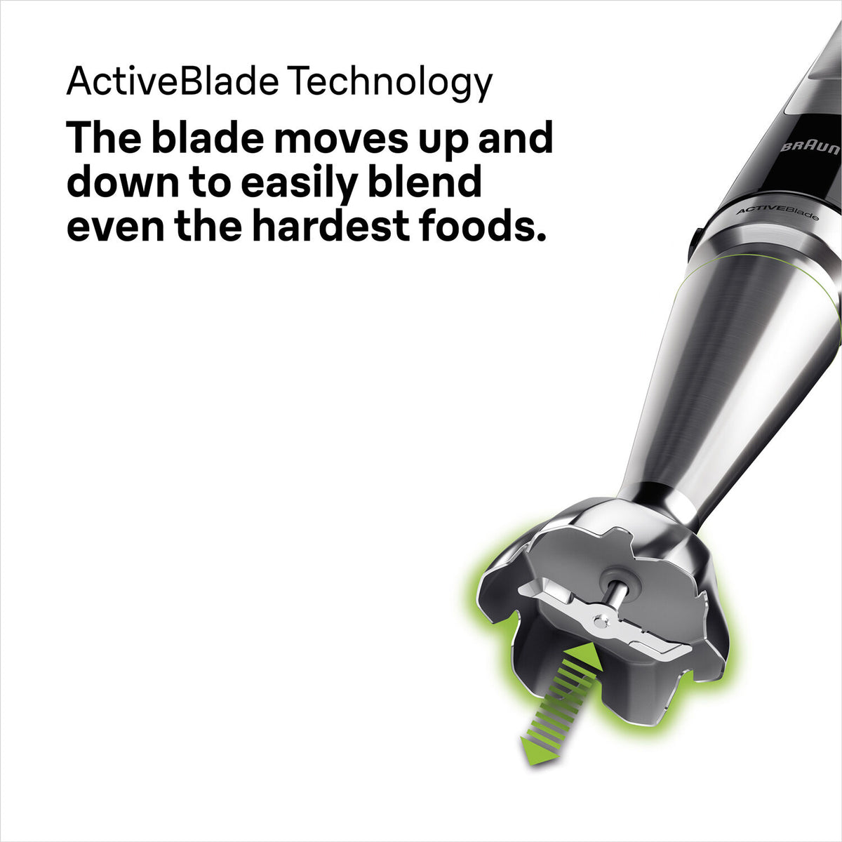 Close-up of Braun Multiquick 9 hand blender blade with green arrows showing up and down movement.