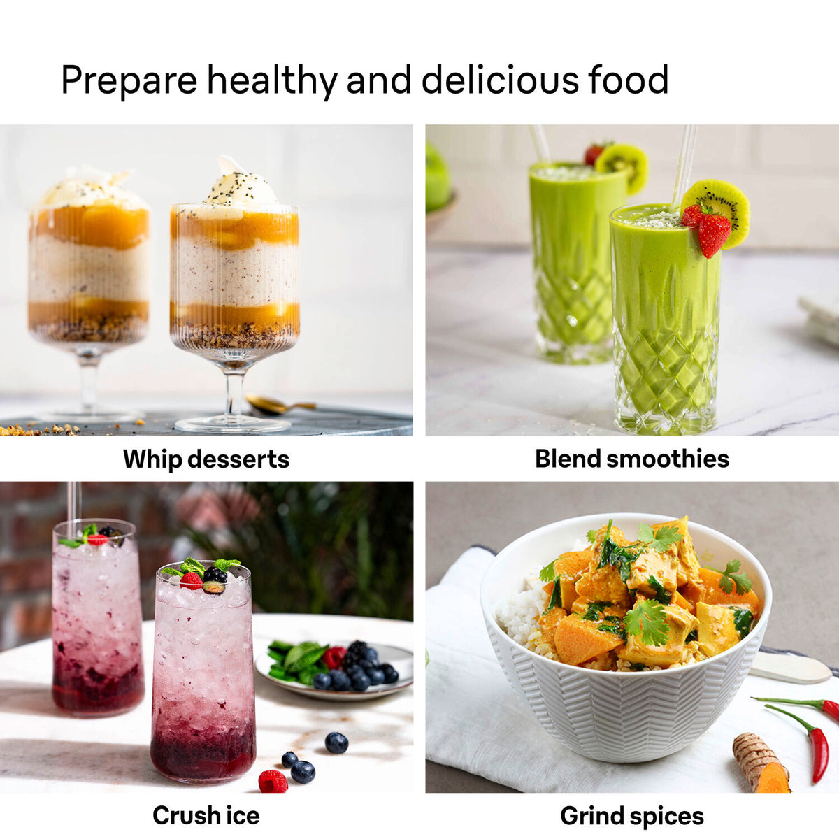 Braun Multiquick 9 hand blender in black shown with four images of desserts, smoothies, crushed ice, and spiced rice dishes.