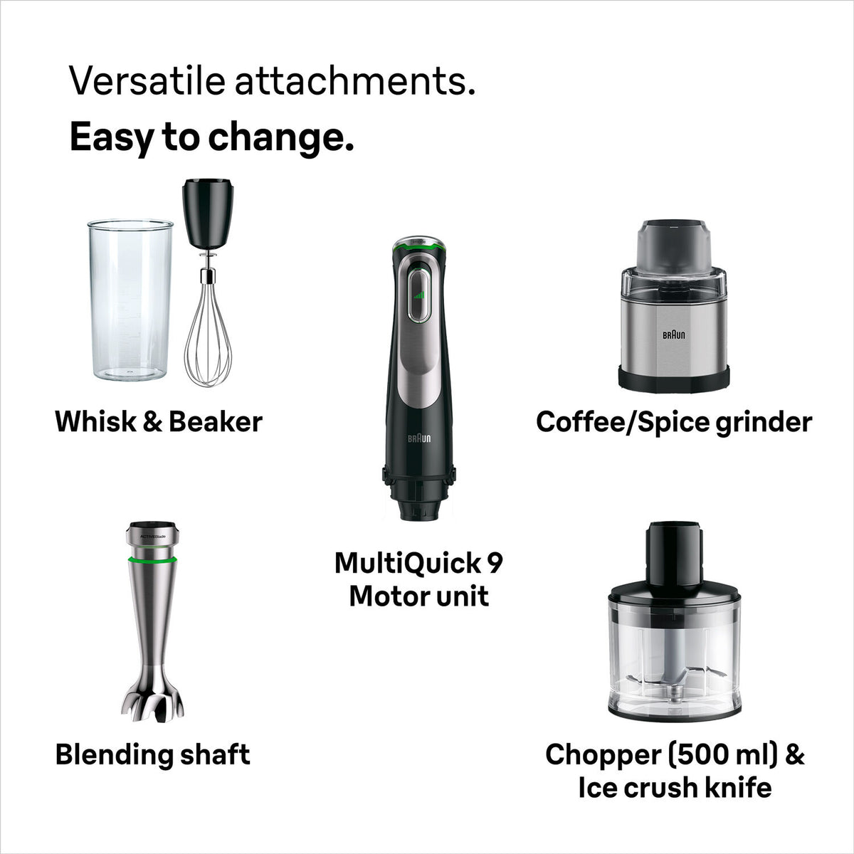 Braun Multiquick 9 motor unit with whisk, beaker, blending shaft, coffee/spice grinder, and chopper attachments.