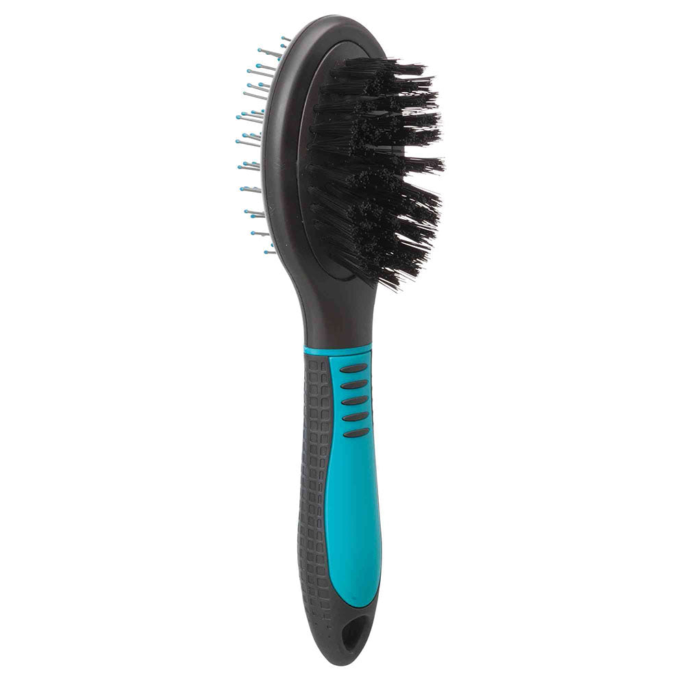 Double-sided 19cm dog brush with nylon and wire bristles, non-slip grip for gentle coat care – Keans Claremorris