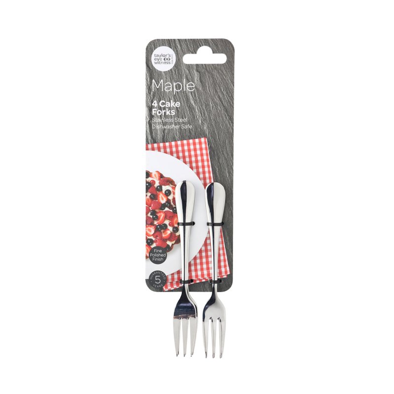 Maple 4 Piece Cake Forks set in polished stainless steel on branded packaging with a red checkered napkin image.