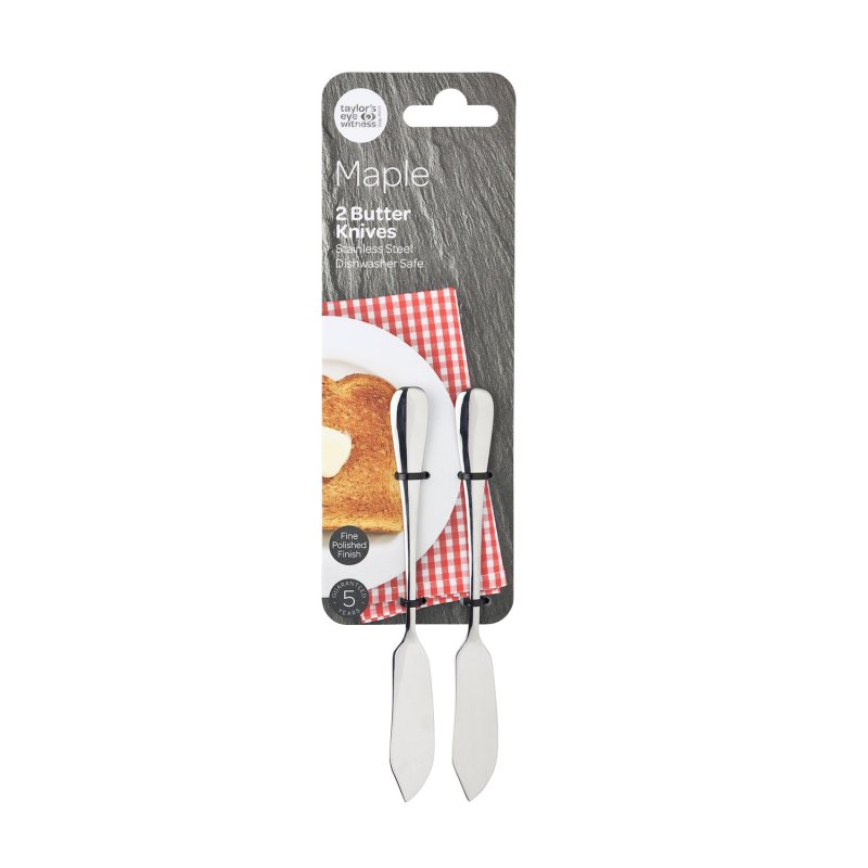 Two stainless steel butter knives with polished finish on packaging showing toast with butter on a plate.
