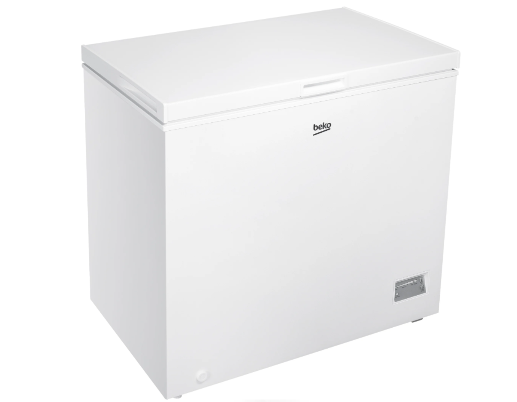 White Beko chest freezer with top lid, control panel on front, and 198-litre capacity.