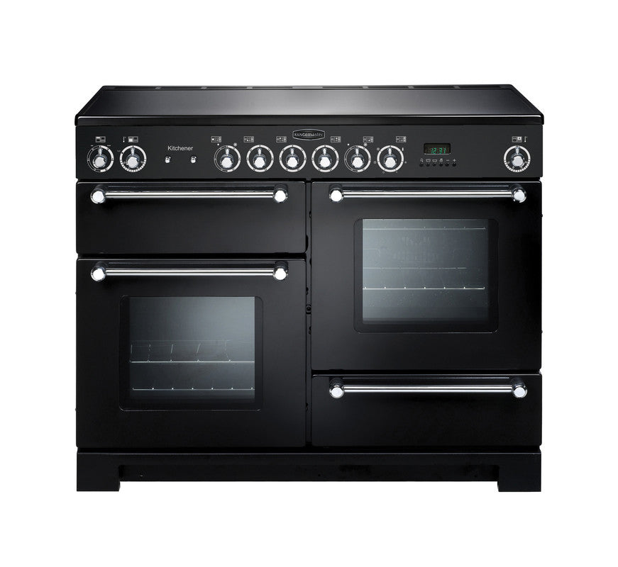Rangemaster Kitchener 110 black ceramic range cooker with chrome handles and control knobs, front view.