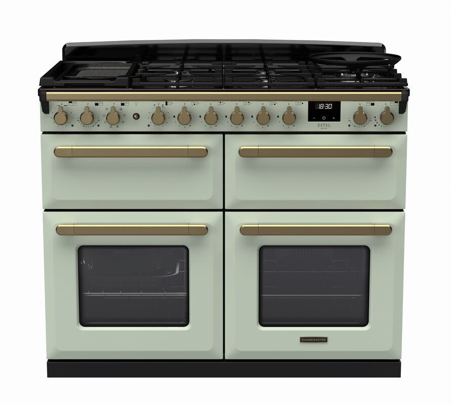 Rangemaster Induction Estel Deluxe 110cm oven in pale green with antique brass handles and control knobs, front view.