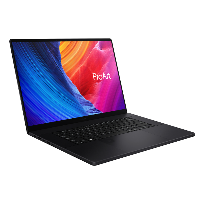 ASUS H7606WIME025W 16" black laptop angled right with colorful ProArt touchscreen display visible
