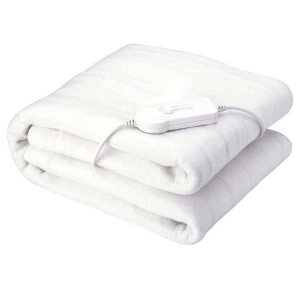 Folded white double size electric heating blanket with attached controller showing heat settings slider.