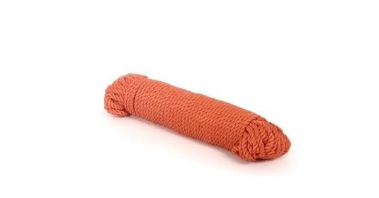 Coiled 30-meter orange clothes line rope on a white background, showing its twisted texture.