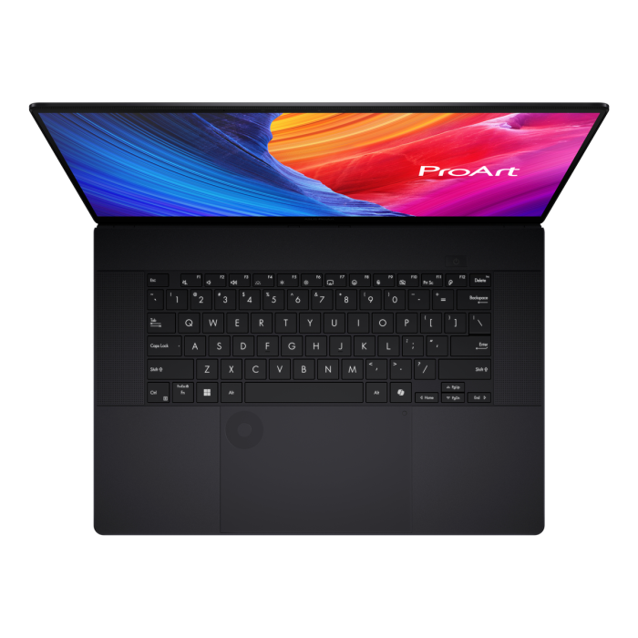 ASUS H7606WIME025W 16" Ryzen 9 laptop with touchscreen, black keyboard, and colorful ProArt display viewed from above
