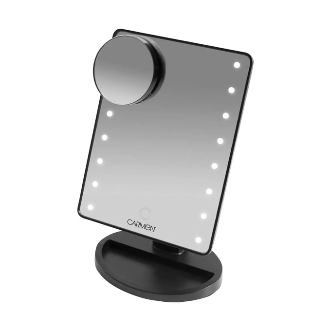 Carmen LED Illuminated Mirror with 16 LEDs, 180° rotating neck, magnification mirror, and storage tray – Keans Claremorris