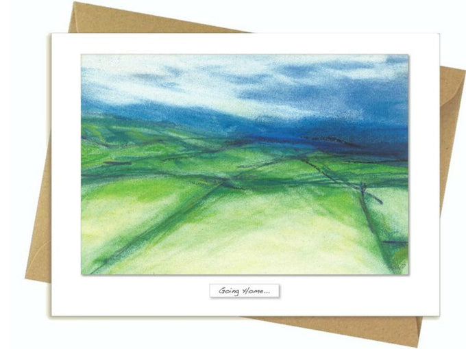 Aerial view of Ireland's green fields with "Going Home" text, inspired by Irish heritage – Keans Claremorris.