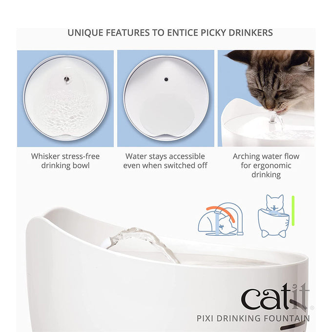Catit Pixi Fountain Light Blue pet water fountain for cats, quiet design, available at Keans Claremorris.