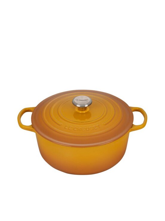 Le Creuset Nectar 24cm yellow round casserole with stainless steel knob, 4.2L, oven safe, from Keans Claremorris.