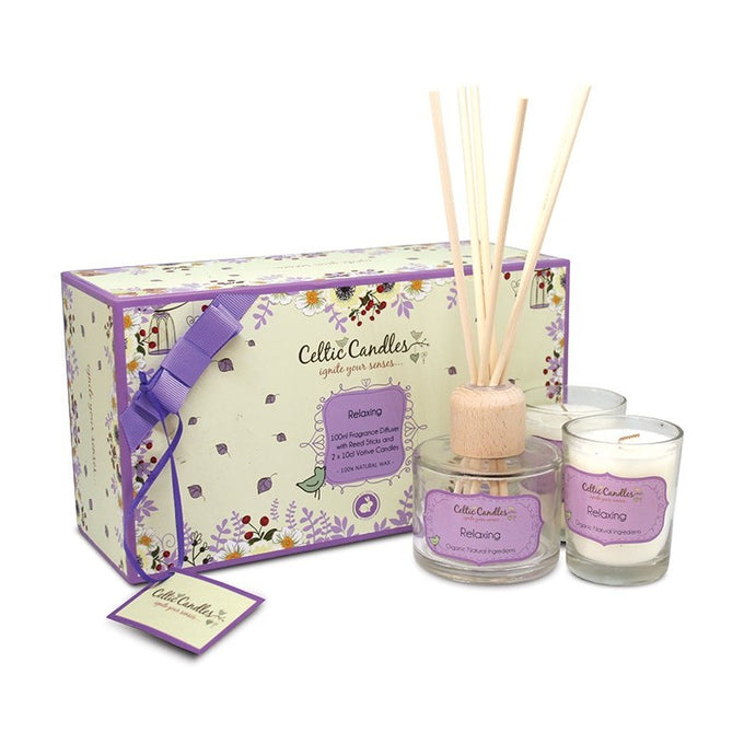 Relaxing Gift Box Mini with 100ml diffuser and 2 votives in soothing aroma, beautifully ribboned – Keans Claremorris.