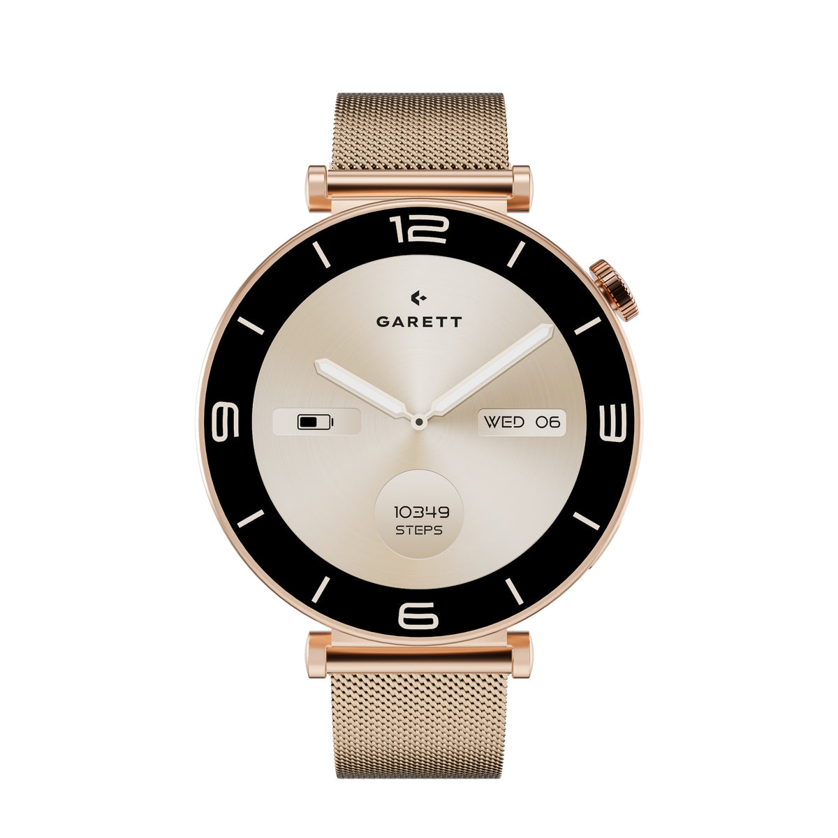 Smartwatch Garett Rose Gold Mesh with round face, black bezel, step count, date, and battery icons.