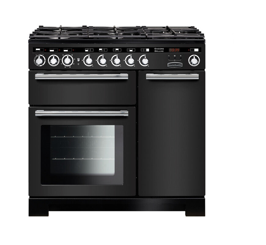 Rangemaster Encore Deluxe 90CM Dual Fuel Range Cooker with oven and burners, available at Keans Claremorris.