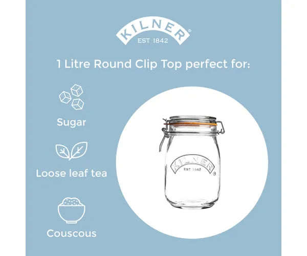 Clip Top Round Jar 1 Litre airtight glass storage container by Keans Claremorris, ideal for kitchen organization.