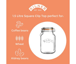Clip Top Square Jar 1.5 Litre airtight storage container, clear glass with metal clasp – Keans Claremorris