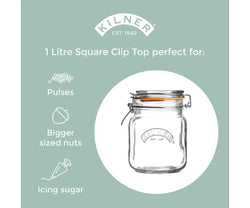Clip Top Square Jar 1 Litre airtight glass storage container by Keans Claremorris, ideal for kitchen organization.