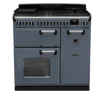 Rangemaster Classic Deluxe 90cm dual fuel rangecooker in grey with chrome handles and six control knobs
