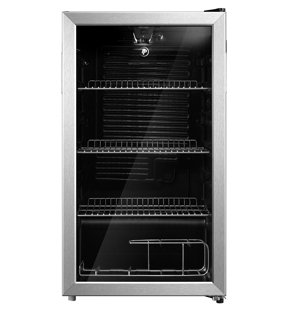 PowerPoint P4962MDBC-E beverage cooler with stainless steel frame, glass door, and three wire shelves inside.