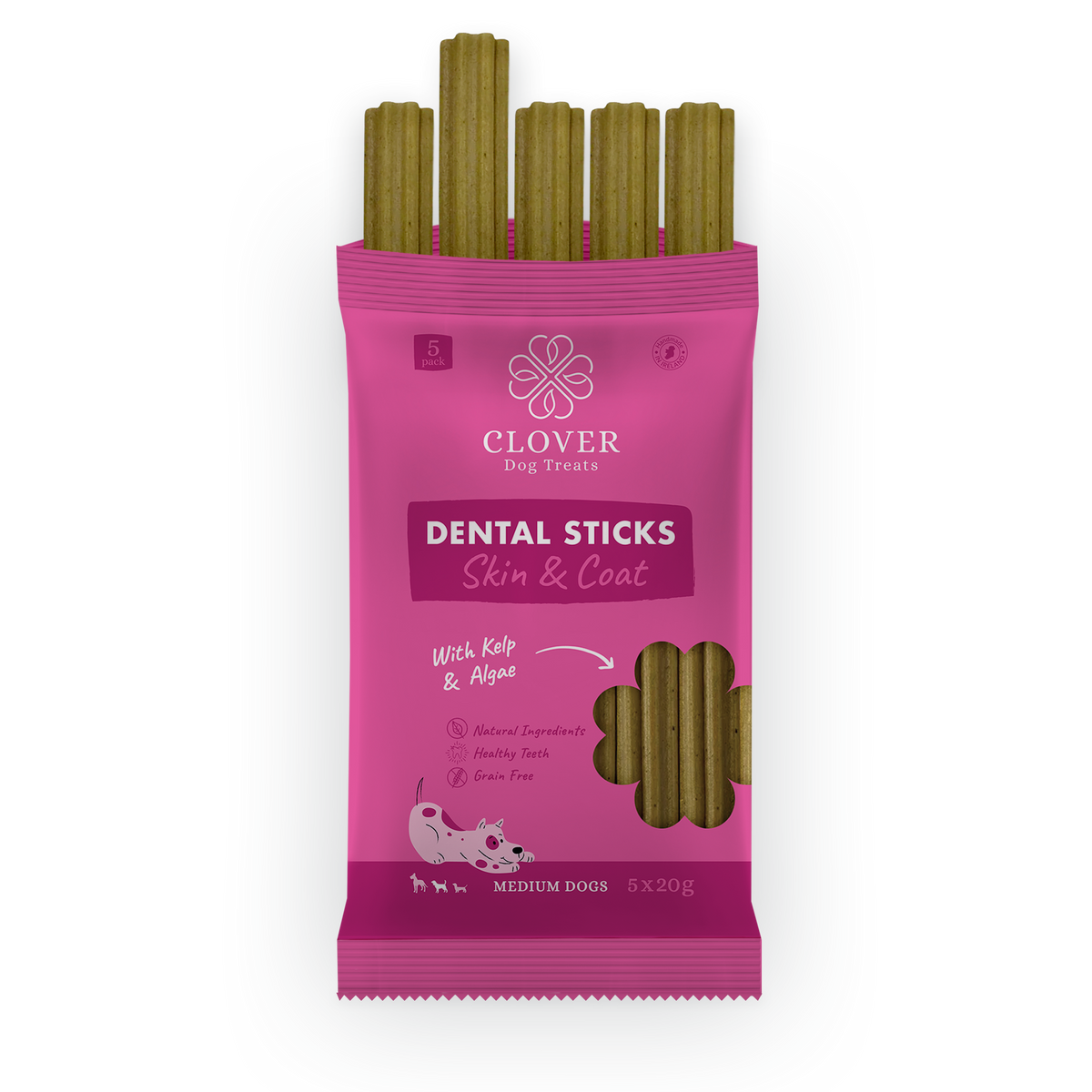 Pink packet of Clover Dental Sticks Skin & Coat dog treats with five brown sticks visible at the top.