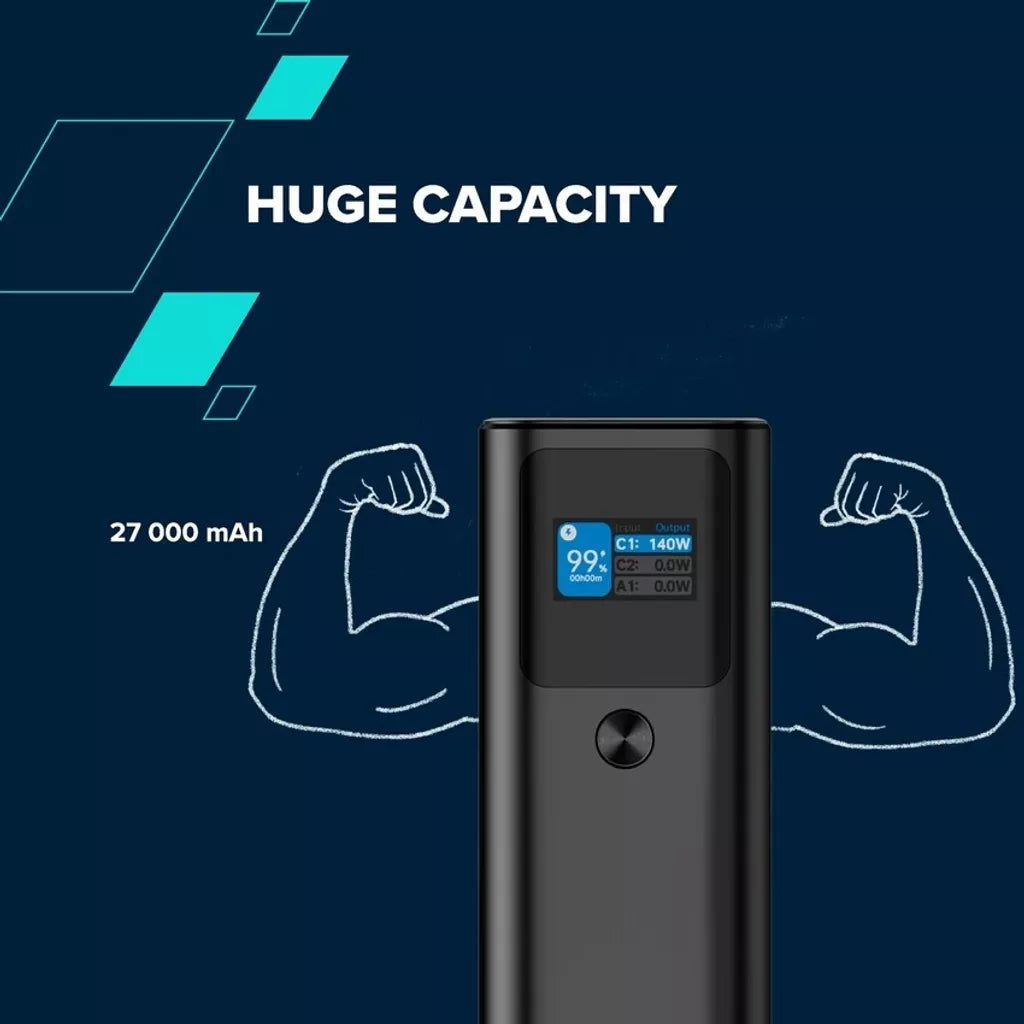 Canyon Power bank PB-2010 with digital display showing 99% charge and 140W output, on blue background with muscle arms.