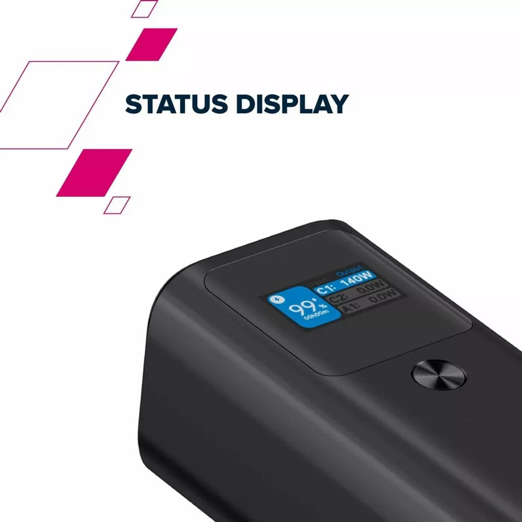 Canyon Power bank PB-2010 showing digital status display with 99% charge and 140W output on black body.