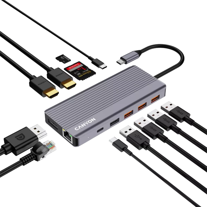 Canyon 13 Port USB-C HUB DS-16 with multiple USB and HDMI ports, available at Keans Claremorris store.