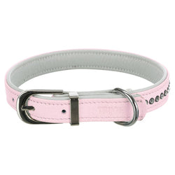 Pink genuine leather dog collar with rhinestones, double-stitched, D-ring leash attachment, size S 23-28 cm – Keans