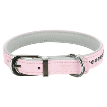 Pink genuine leather dog collar with rhinestones, double-stitched, D-ring leash attachment, size S 23-28 cm – Keans