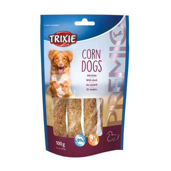 Premio Corn Dogs with duck and rawhide, 56% meat, 4 pcs/100g – available at Keans Claremorris