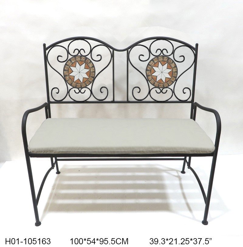 Corsica Mosaic Bench with black metal frame, terracotta and cream mosaic backrest, and light grey cushion.