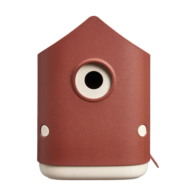Cosy Bird House in Tuscan Red with round entrance hole and beige base, front view on white background.