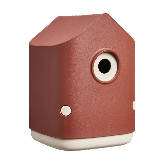 Cosy Bird House 18cm in Tuscan Red with a round entrance hole and white base.