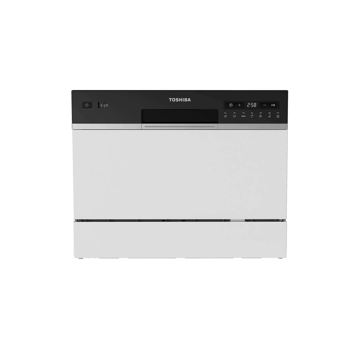 Toshiba tabletop dishwasher with black control panel, LED display, and white body, showing buttons and timer.