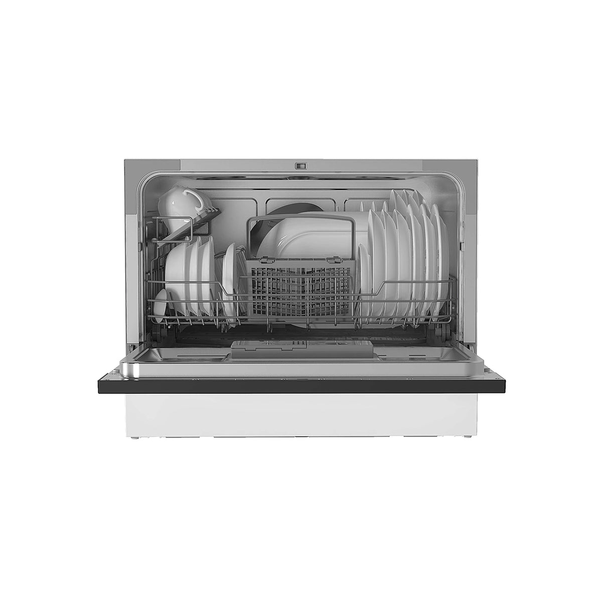 Open Toshiba tabletop dishwasher in steel and black with clean dishes inside, front view.