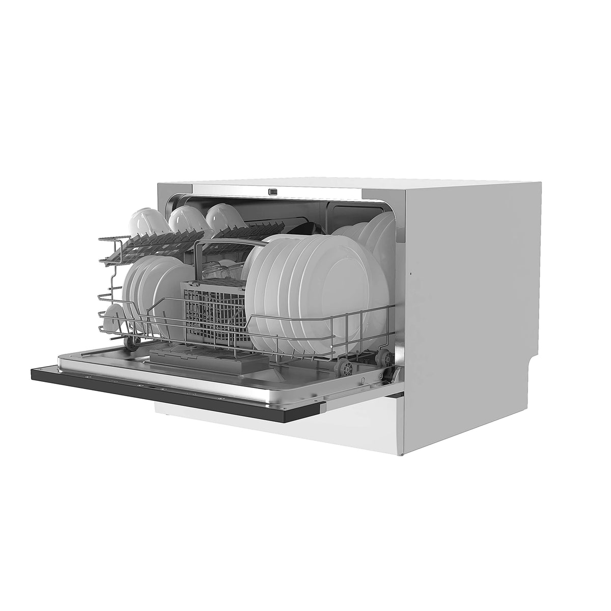 Toshiba tabletop dishwasher in steel and black with open door showing loaded racks of dishes and cups