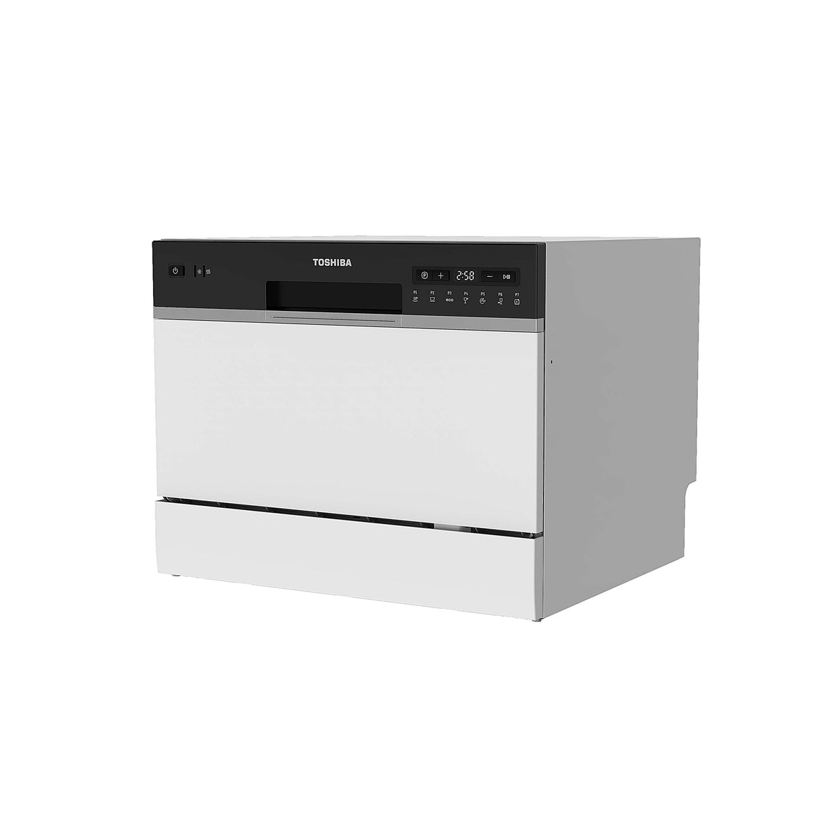 Toshiba tabletop dishwasher in steel and black with digital display and control buttons on top panel