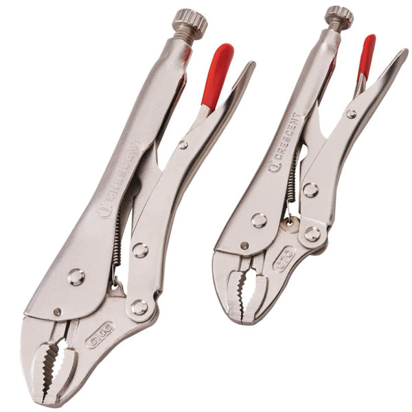 Crescent 8 and 10-inch curved locking pliers twin pack with wire cutter, adjustable knurled screw, nickel-plated – Keans