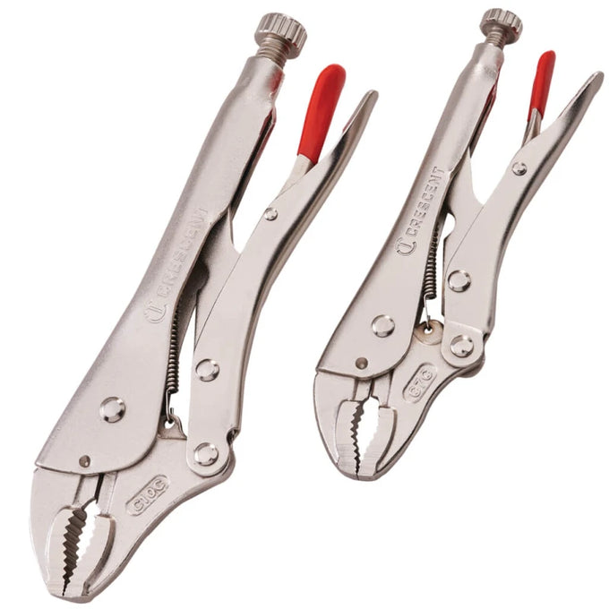 Crescent 8 and 10-inch curved locking pliers twin pack with wire cutter, adjustable knurled screw, nickel-plated – Keans
