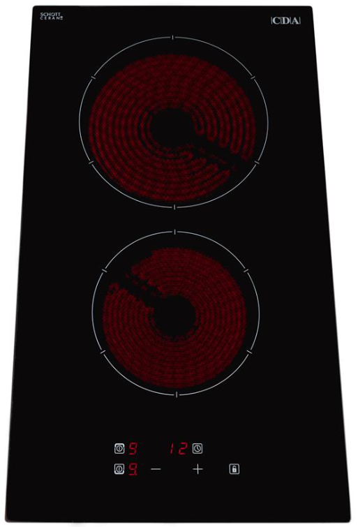 CDA Domino Two Zone Ceramic Hob with two glowing red heating zones and digital touch controls on black glass surface