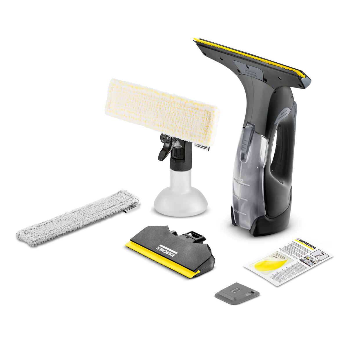 Karcher WV5 Anniversary Window Vac with spray bottle, microfiber cloths, narrow nozzle, and instruction leaflet on white