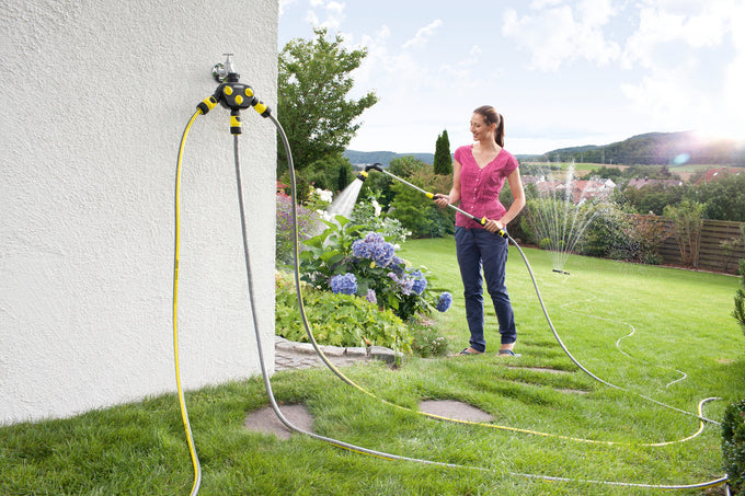 Karcher 3 Way Tap Adaptor 26452000 for garden hoses, durable brass fitting – available at Keans Claremorris