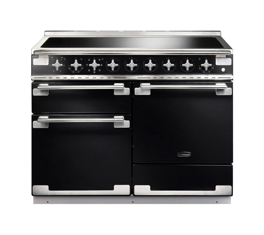 Rangemaster Elise 110 induction range cooker in black with stainless steel handles and control knobs, front view.