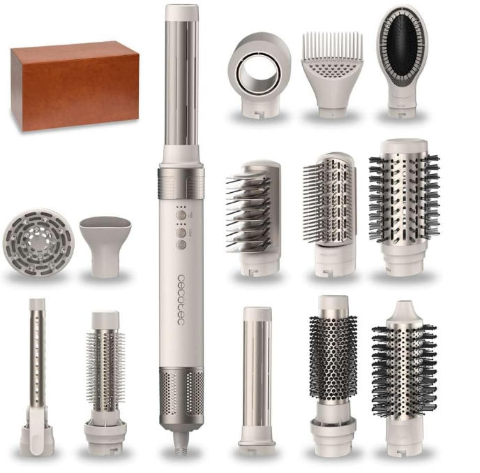 Cecotec Bamba 14-in-1 AirGlam Hair Styler with 14 attachments and wooden storage case on white background.